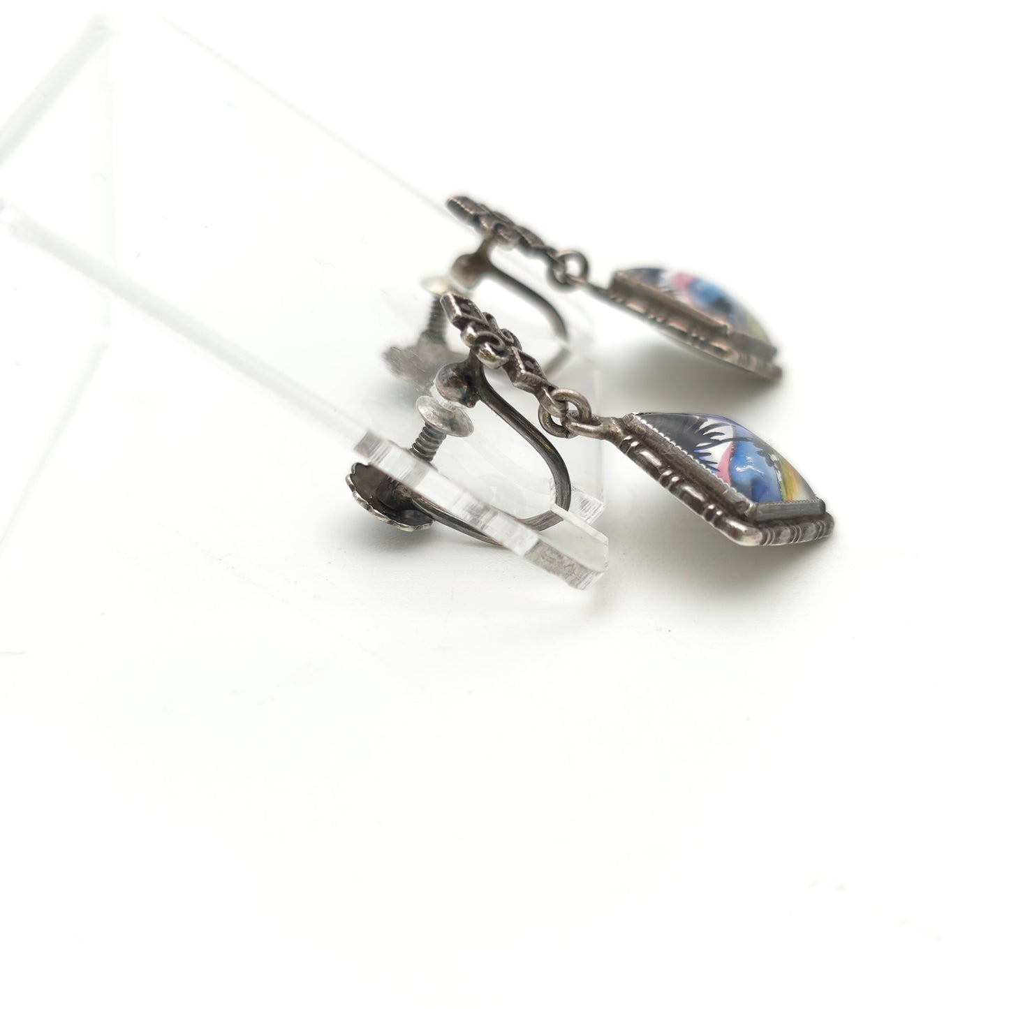 Sterling Silver Vintage Butterfly Wing Beach Scene Drop Earrings