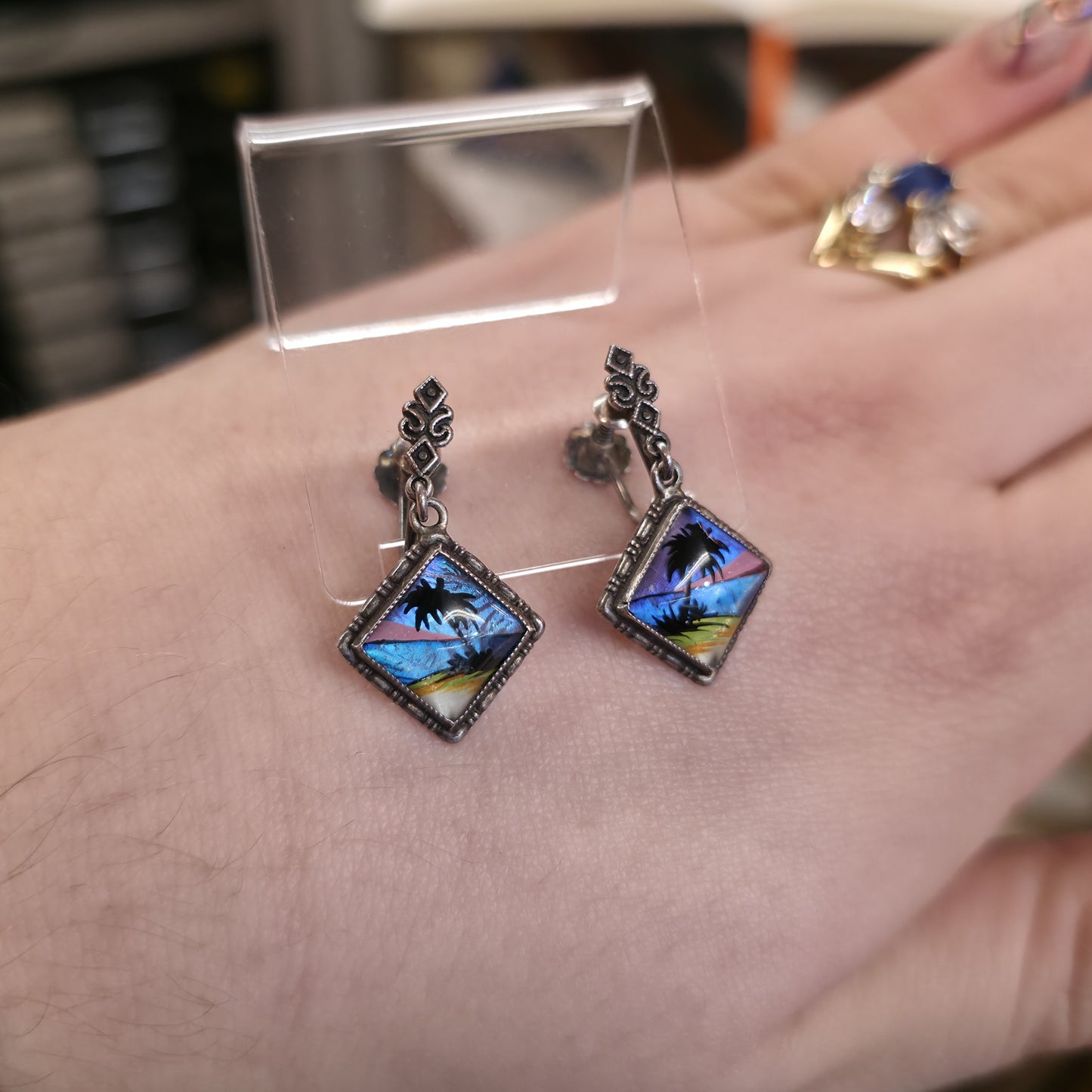 Sterling Silver Vintage Butterfly Wing Beach Scene Drop Earrings