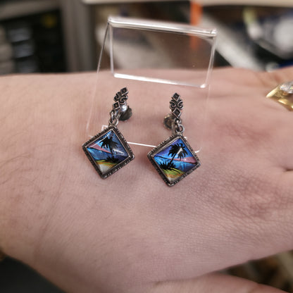 Sterling Silver Vintage Butterfly Wing Beach Scene Drop Earrings