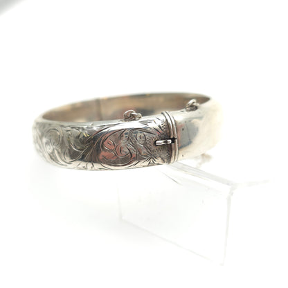 Sterling Silver Vintage 1940s Half Patterned Engraved Foliate Bangle