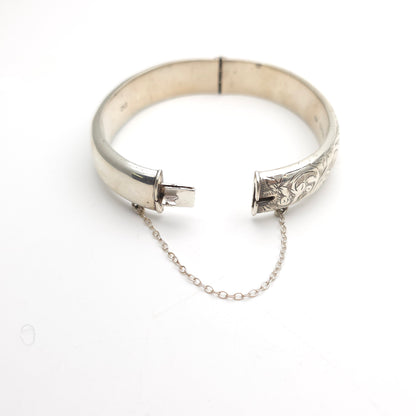 Sterling Silver Vintage 1940s Half Patterned Engraved Foliate Bangle