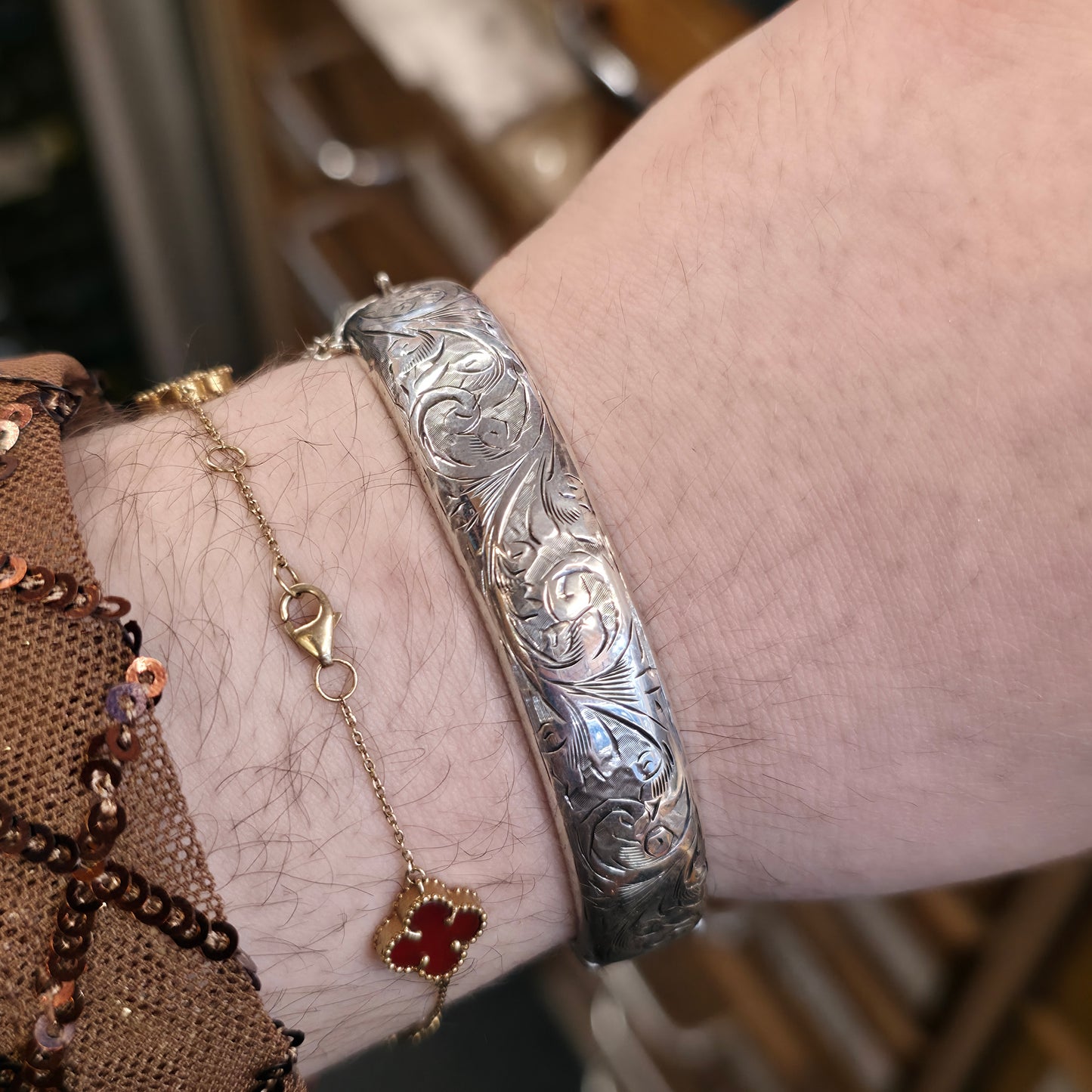 Sterling Silver Vintage 1940s Half Patterned Engraved Foliate Bangle