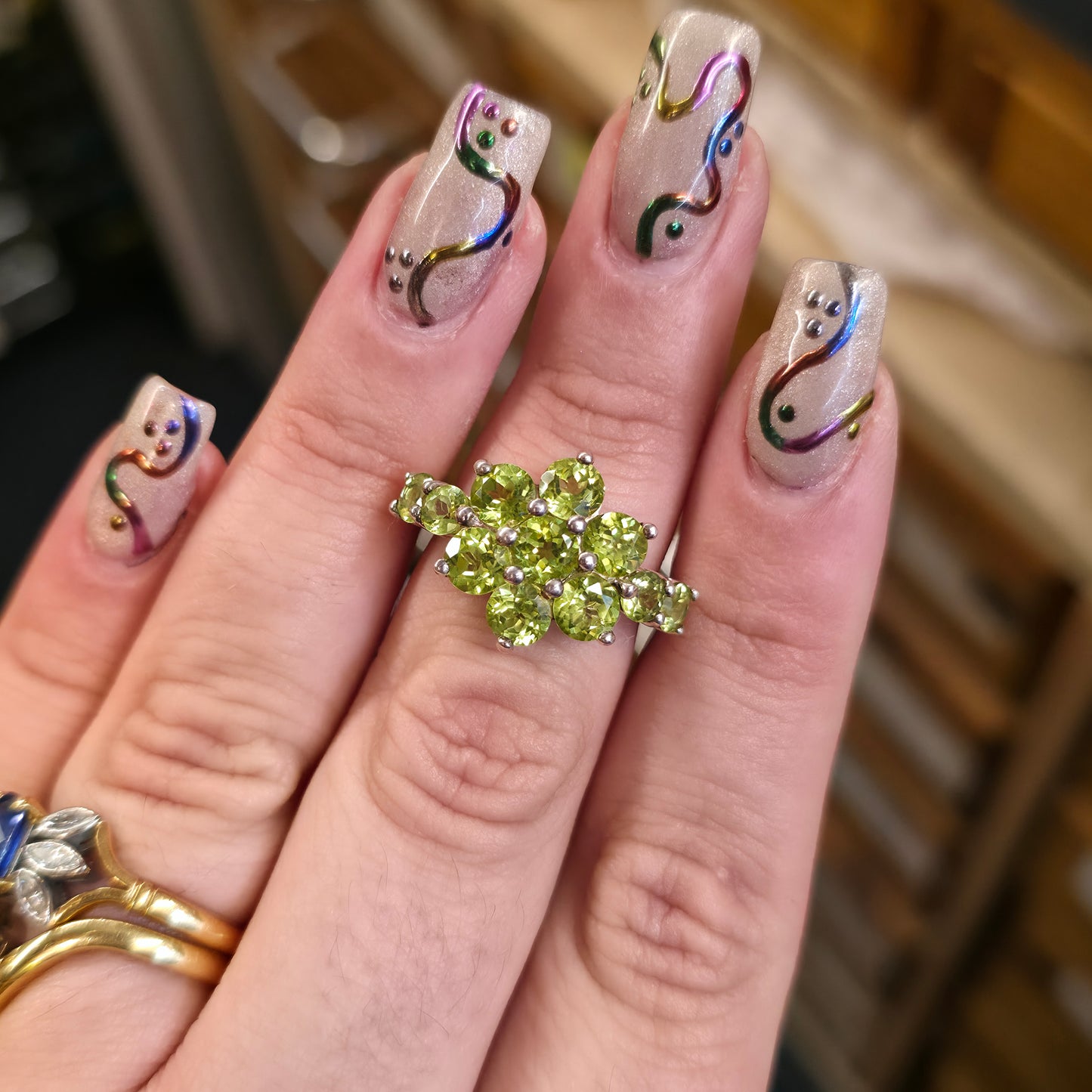 Sterling Silver Large Multi Stone Floral Peridot Cluster Ring