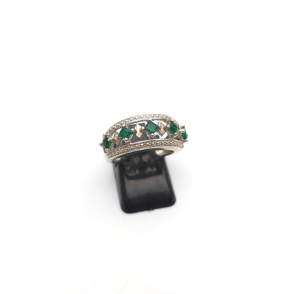 Sterling Silver Green Stone Cut-out Detailed Geometric Art Deco Style Band Ring