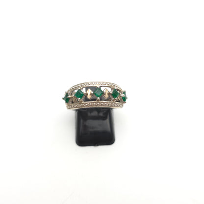 Sterling Silver Green Stone Cut-out Detailed Geometric Art Deco Style Band Ring