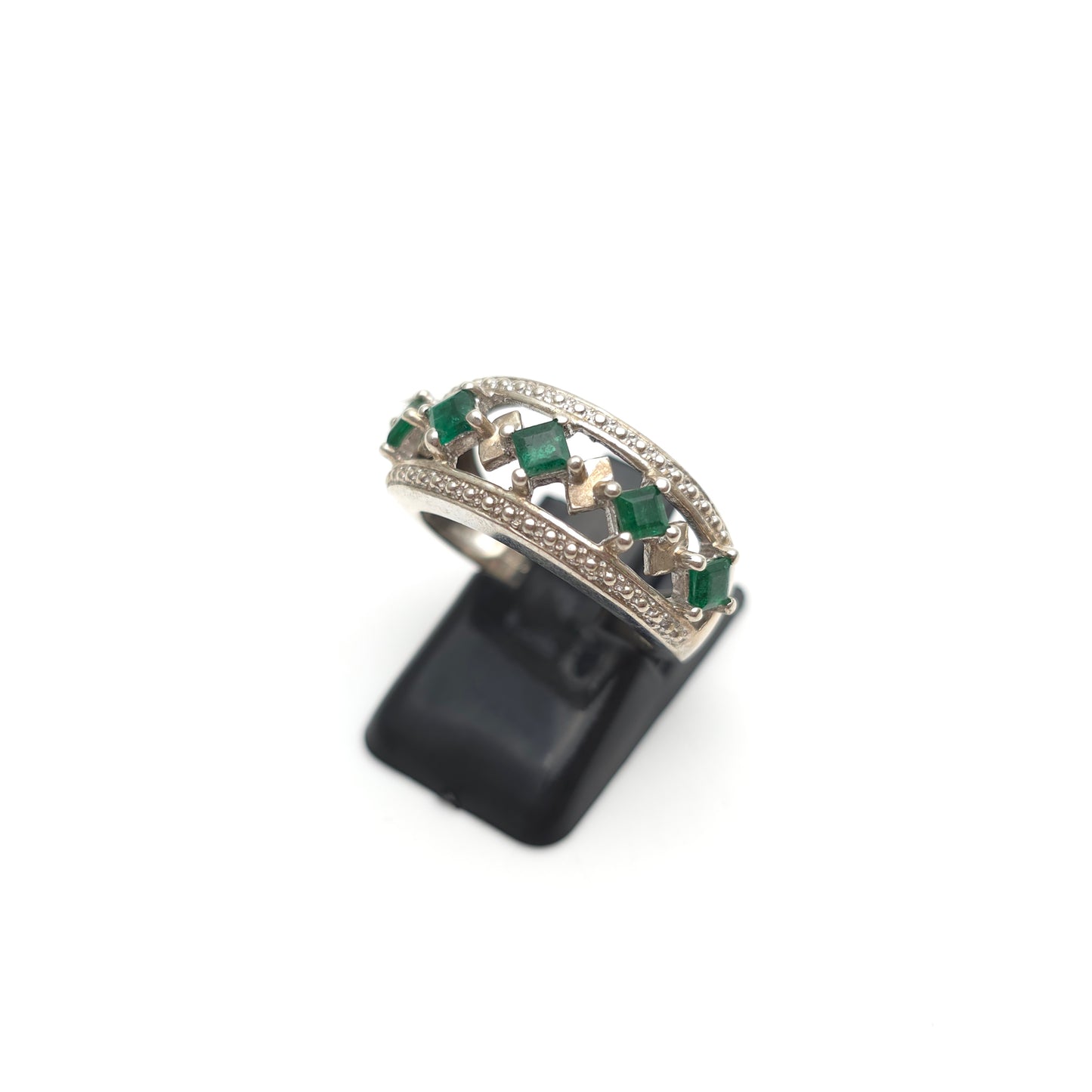 Sterling Silver Green Stone Cut-out Detailed Geometric Art Deco Style Band Ring