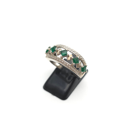 Sterling Silver Green Stone Cut-out Detailed Geometric Art Deco Style Band Ring