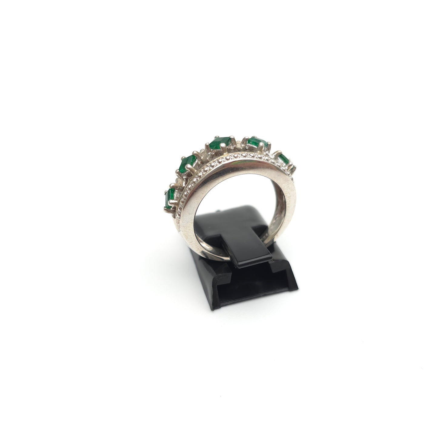 Sterling Silver Green Stone Cut-out Detailed Geometric Art Deco Style Band Ring
