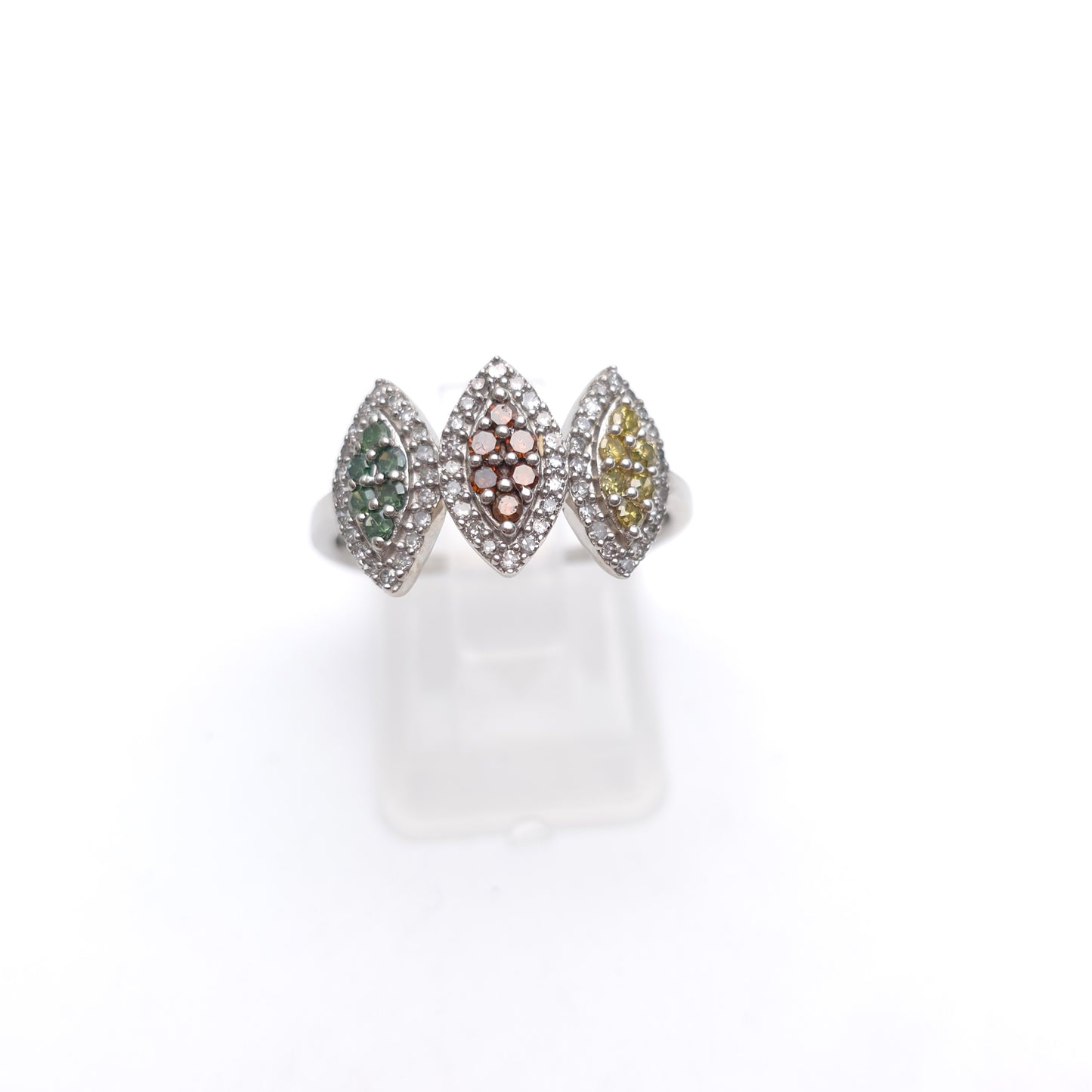 9ct White Gold Vari-hue Multicoloured Diamond Triple Marquise Cluster Ring