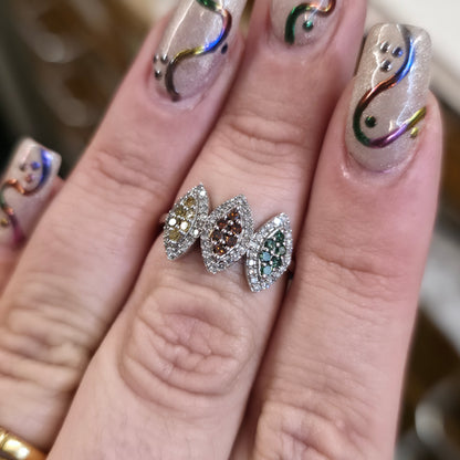 9ct White Gold Vari-hue Multicoloured Diamond Triple Marquise Cluster Ring