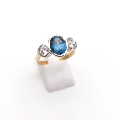 9ct Yellow Gold London Blue Topaz and Cubic Zirconia Trilogy Ring