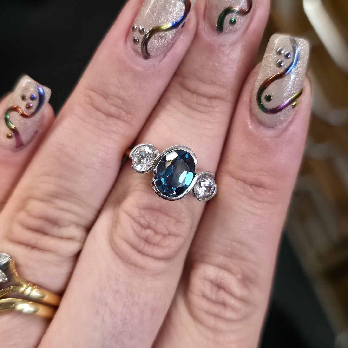 9ct Yellow Gold London Blue Topaz and Cubic Zirconia Trilogy Ring