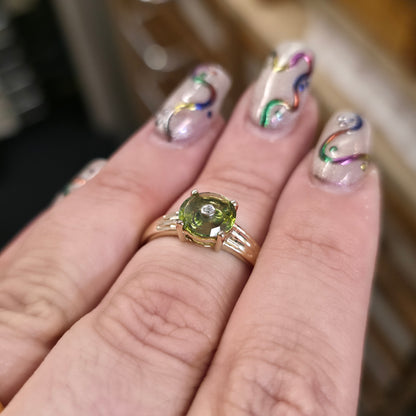 9ct Yellow Gold Round Cut Peridot With Inset Diamond Solitaire Ring