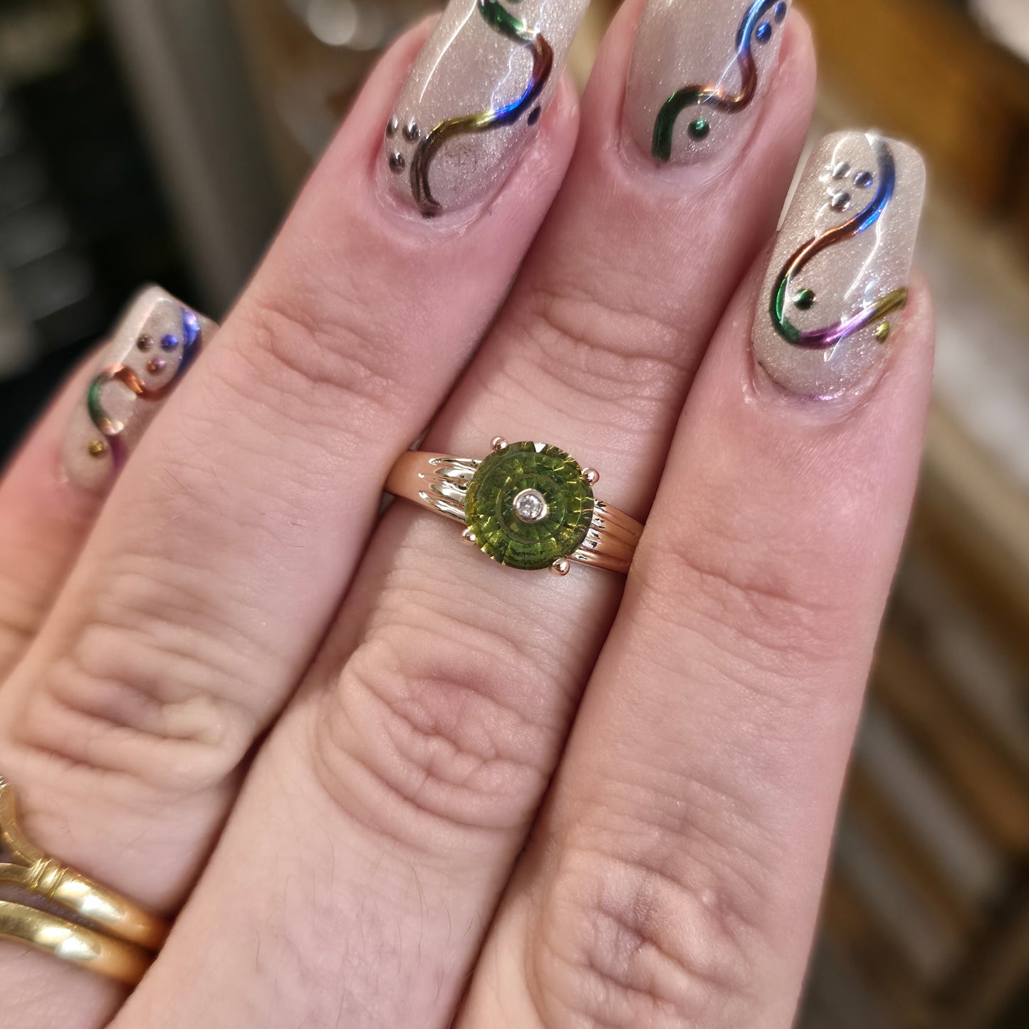 9ct Yellow Gold Round Cut Peridot With Inset Diamond Solitaire Ring