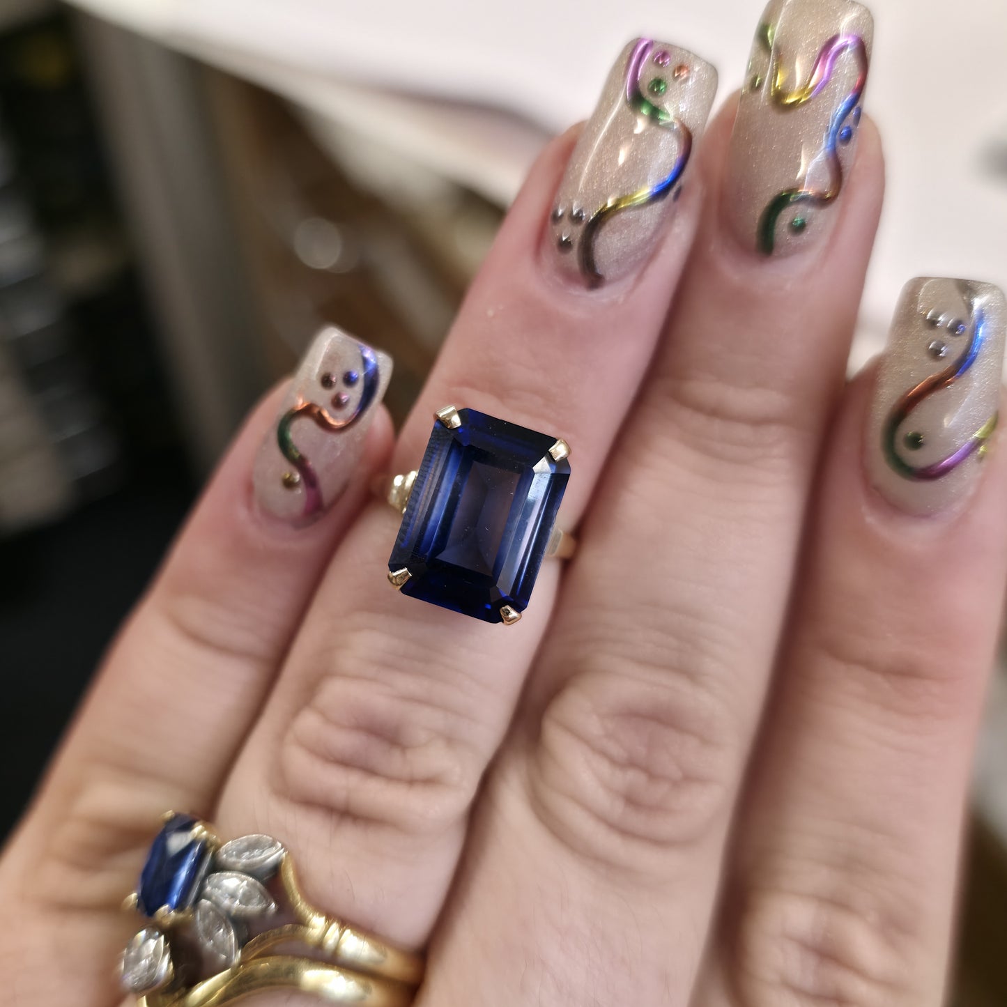 9ct Yellow Gold Vintage Large Blue Paste Stone Statement Cocktail Ring