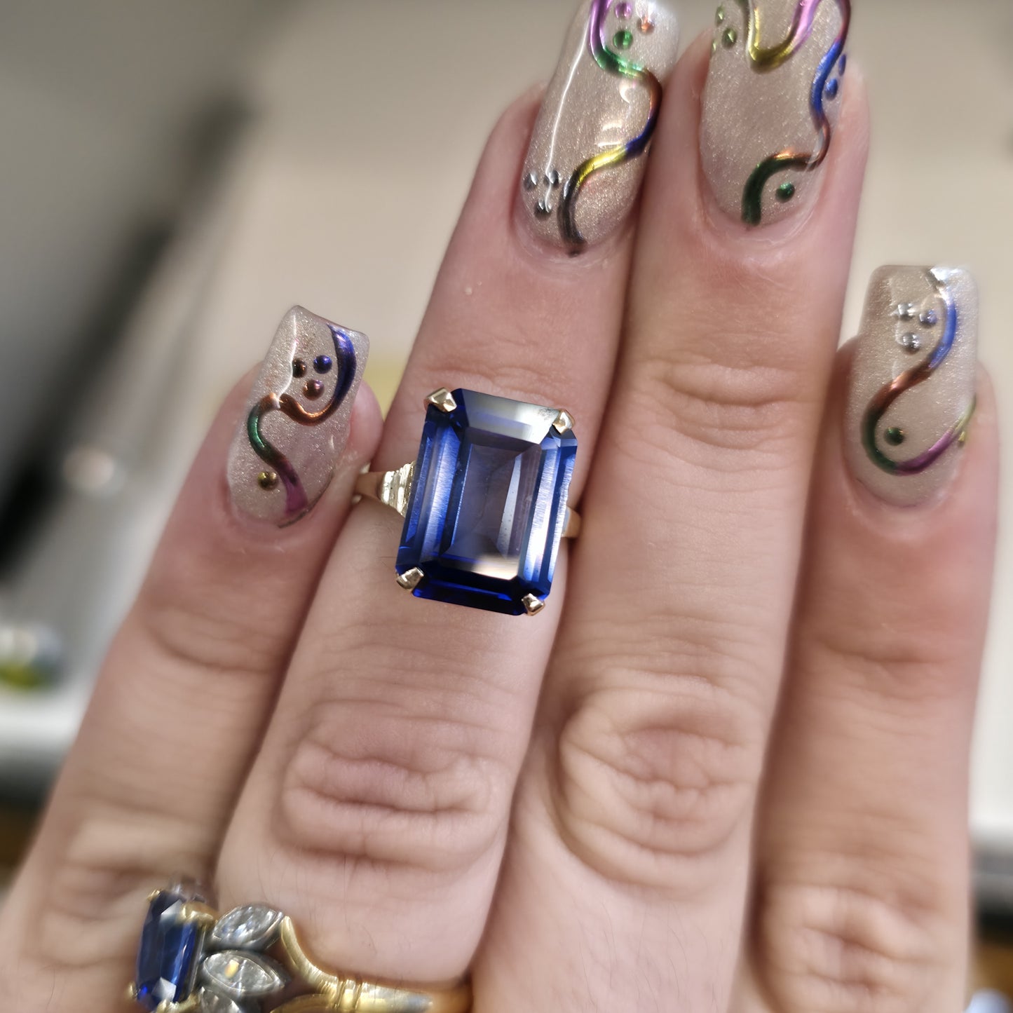 9ct Yellow Gold Vintage Large Blue Paste Stone Statement Cocktail Ring