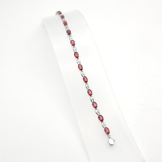 9ct White Gold Lightweight Oval Cut Red Garnet Gemstone Tennis Bracelet
