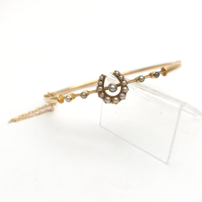 9ct Yellow Gold Antique Pearl Set Horseshoe Motif Hinged Bangle