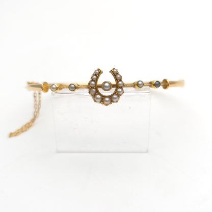 9ct Yellow Gold Antique Pearl Set Horseshoe Motif Hinged Bangle