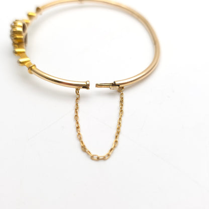 9ct Yellow Gold Antique Pearl Set Horseshoe Motif Hinged Bangle