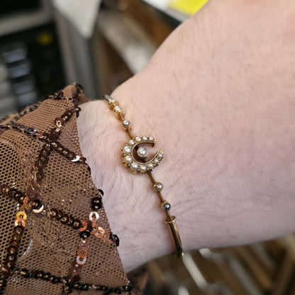 9ct Yellow Gold Antique Pearl Set Horseshoe Motif Hinged Bangle
