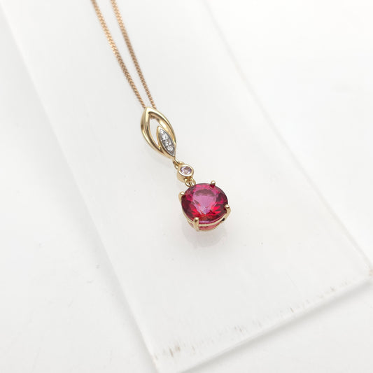 14ct Yellow Gold Red and Pink Topaz And Diamond Pendant on 9ct Gold Curb Chain