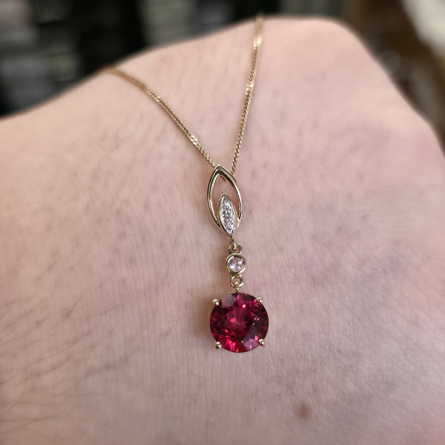 14ct Yellow Gold Red and Pink Topaz And Diamond Pendant on 9ct Gold Curb Chain