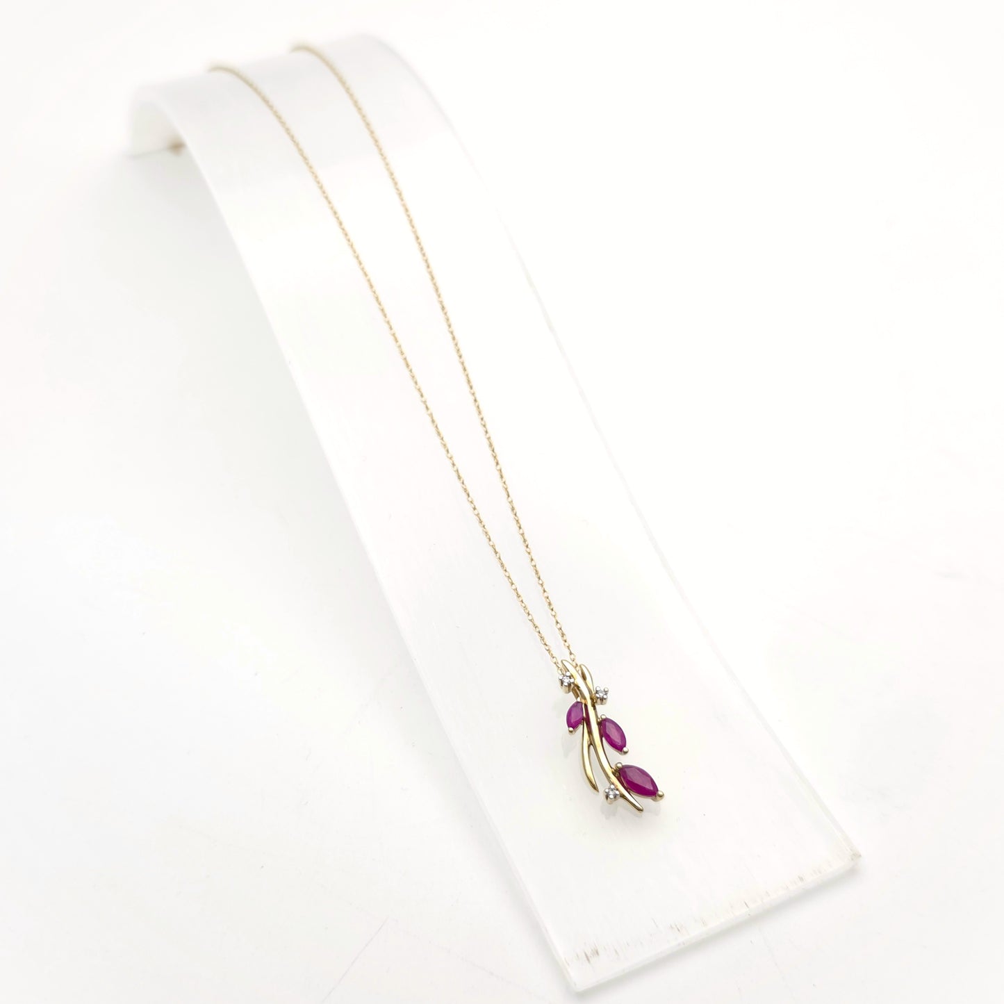 9ct Yellow Gold Foliate Marquise Ruby and Small Round Diamond Pendant Necklace