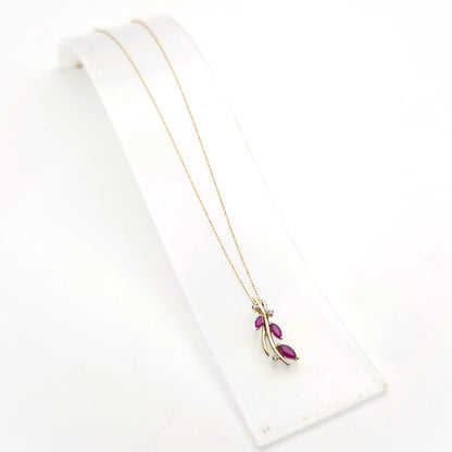 9ct Yellow Gold Foliate Marquise Ruby and Small Round Diamond Pendant Necklace