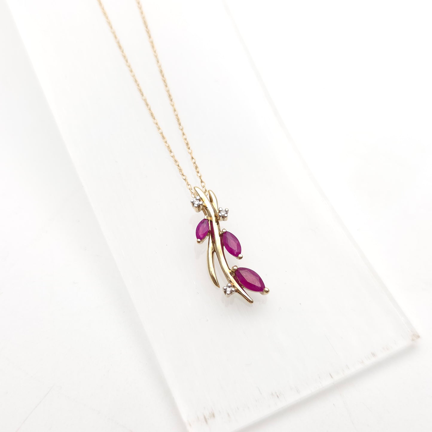 9ct Yellow Gold Foliate Marquise Ruby and Small Round Diamond Pendant Necklace