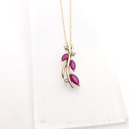 9ct Yellow Gold Foliate Marquise Ruby and Small Round Diamond Pendant Necklace