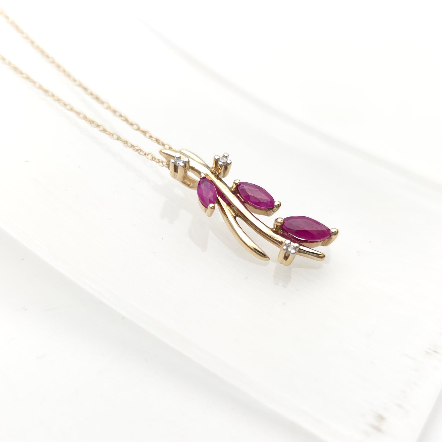 9ct Yellow Gold Foliate Marquise Ruby and Small Round Diamond Pendant Necklace