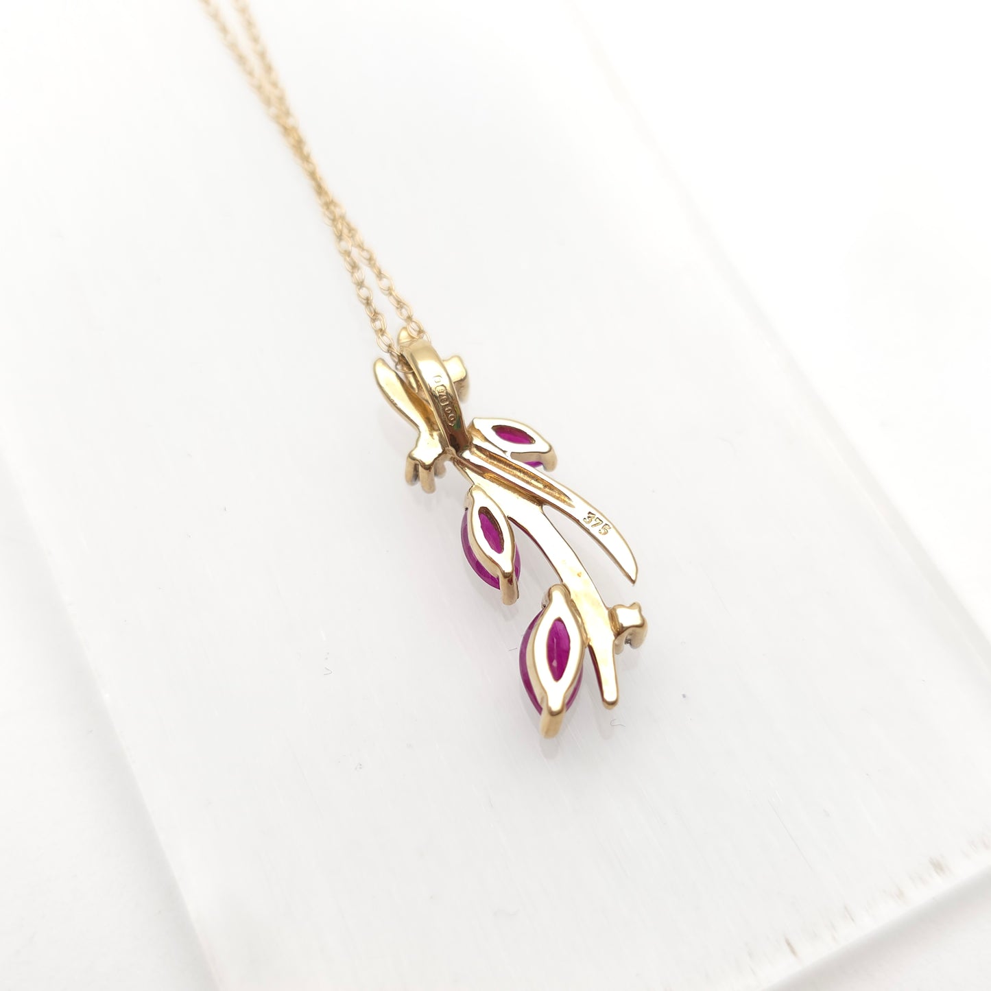 9ct Yellow Gold Foliate Marquise Ruby and Small Round Diamond Pendant Necklace