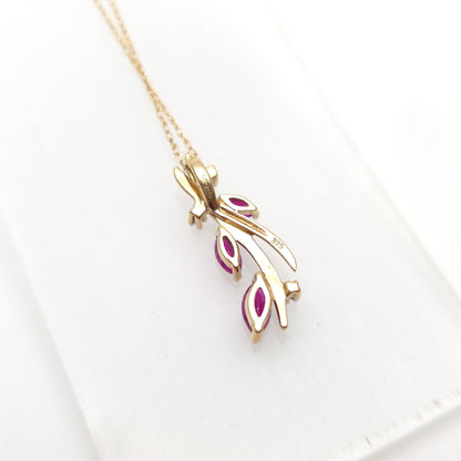 9ct Yellow Gold Foliate Marquise Ruby and Small Round Diamond Pendant Necklace