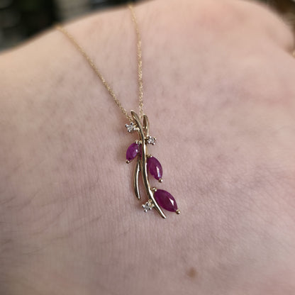 9ct Yellow Gold Foliate Marquise Ruby and Small Round Diamond Pendant Necklace