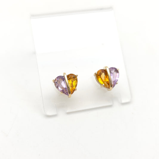 9ct Yellow Gold Multi-Gem Heart Shaped Amethyst And Citrine Stud Earrings