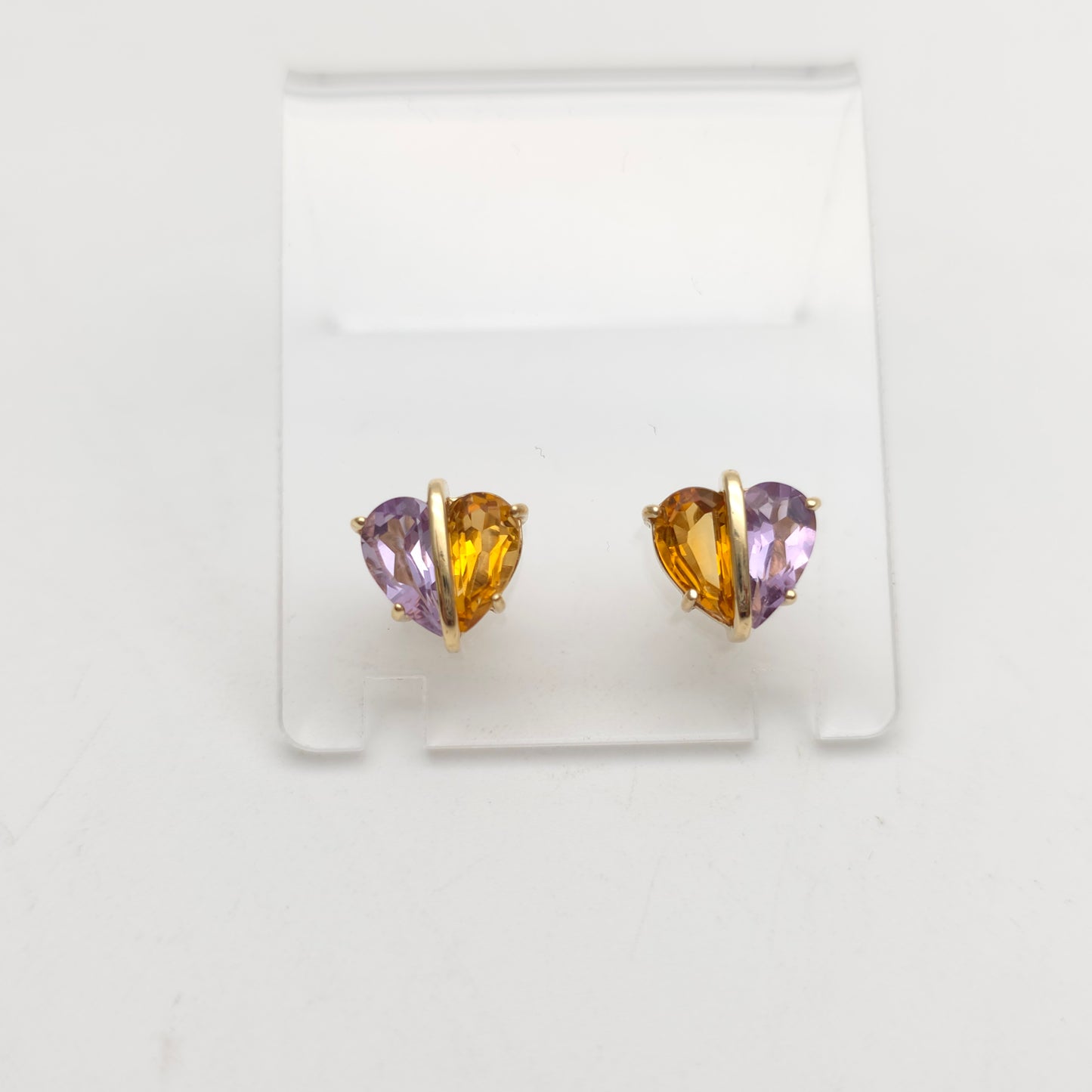 9ct Yellow Gold Multi-Gem Heart Shaped Amethyst And Citrine Stud Earrings