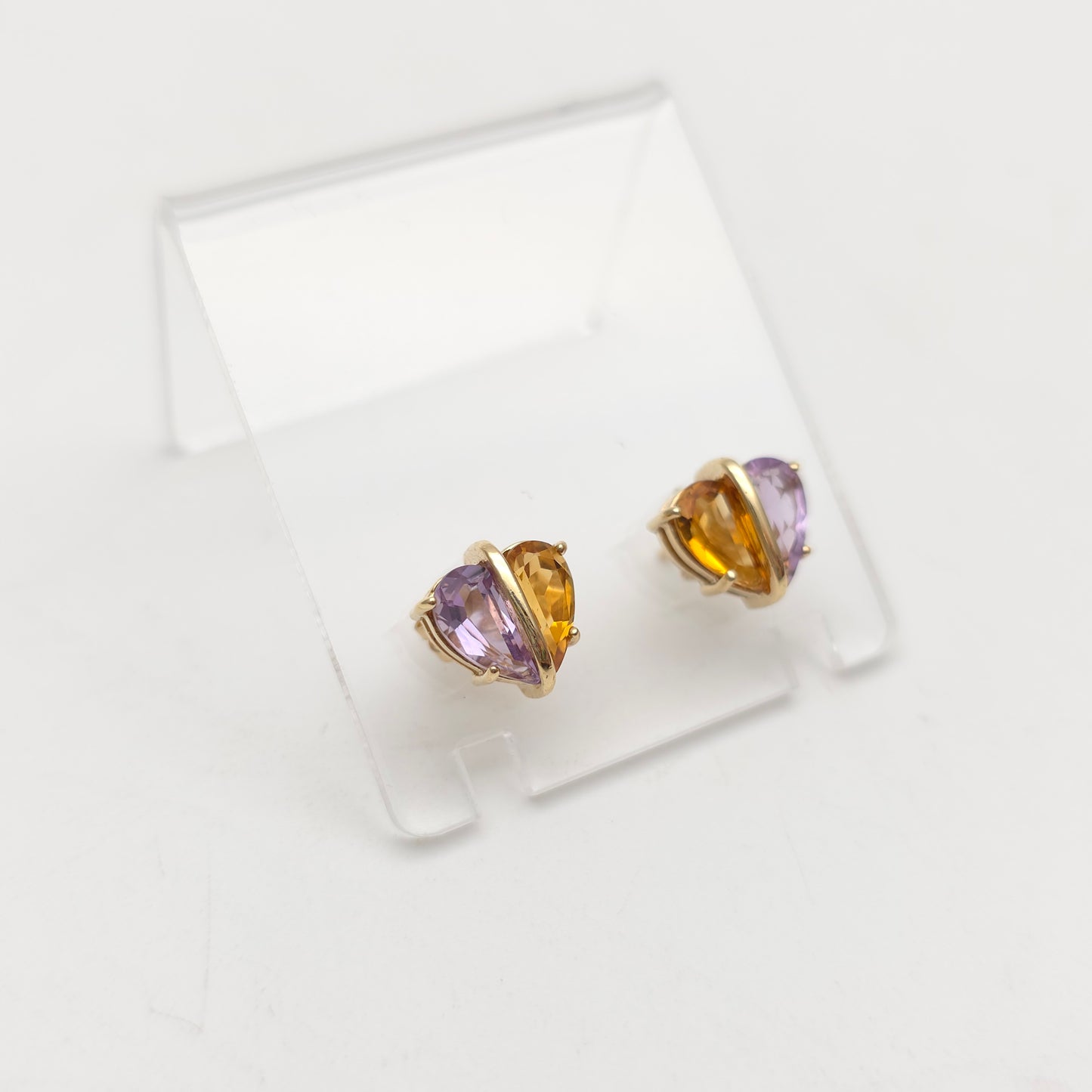 9ct Yellow Gold Multi-Gem Heart Shaped Amethyst And Citrine Stud Earrings