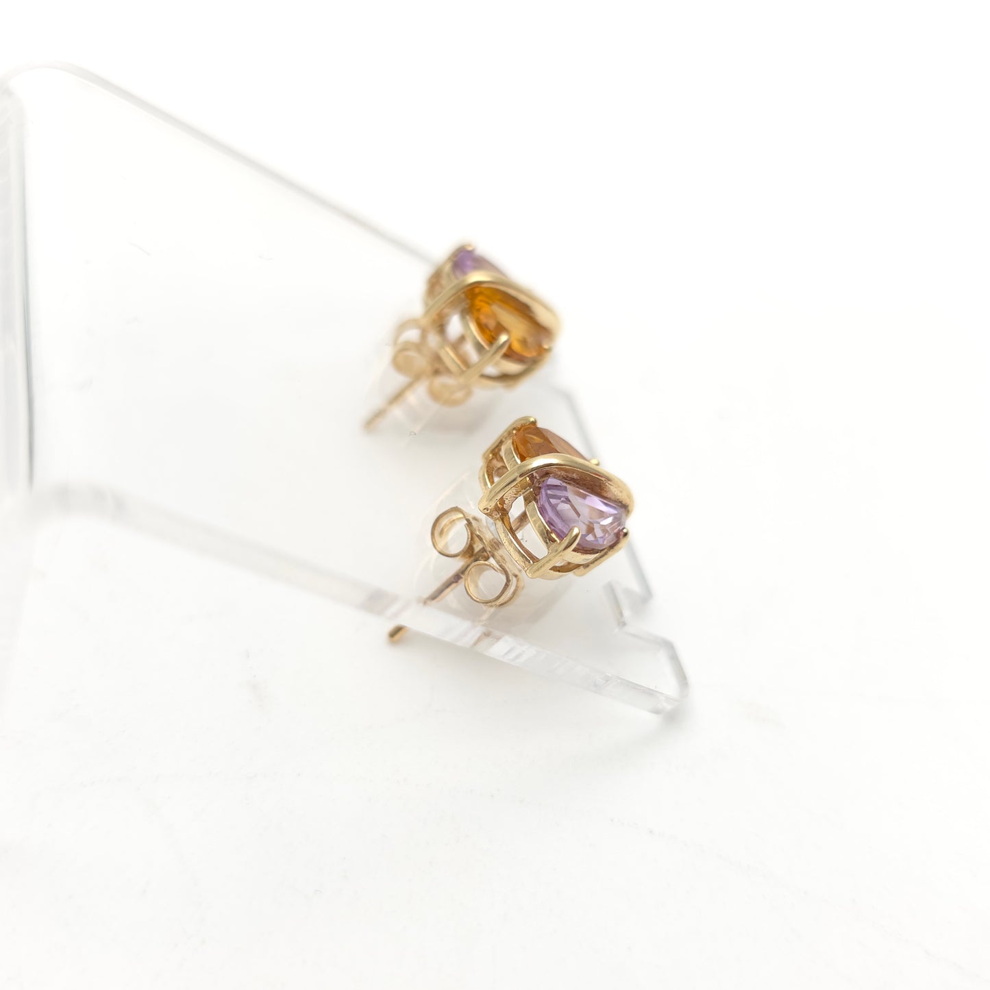 9ct Yellow Gold Multi-Gem Heart Shaped Amethyst And Citrine Stud Earrings