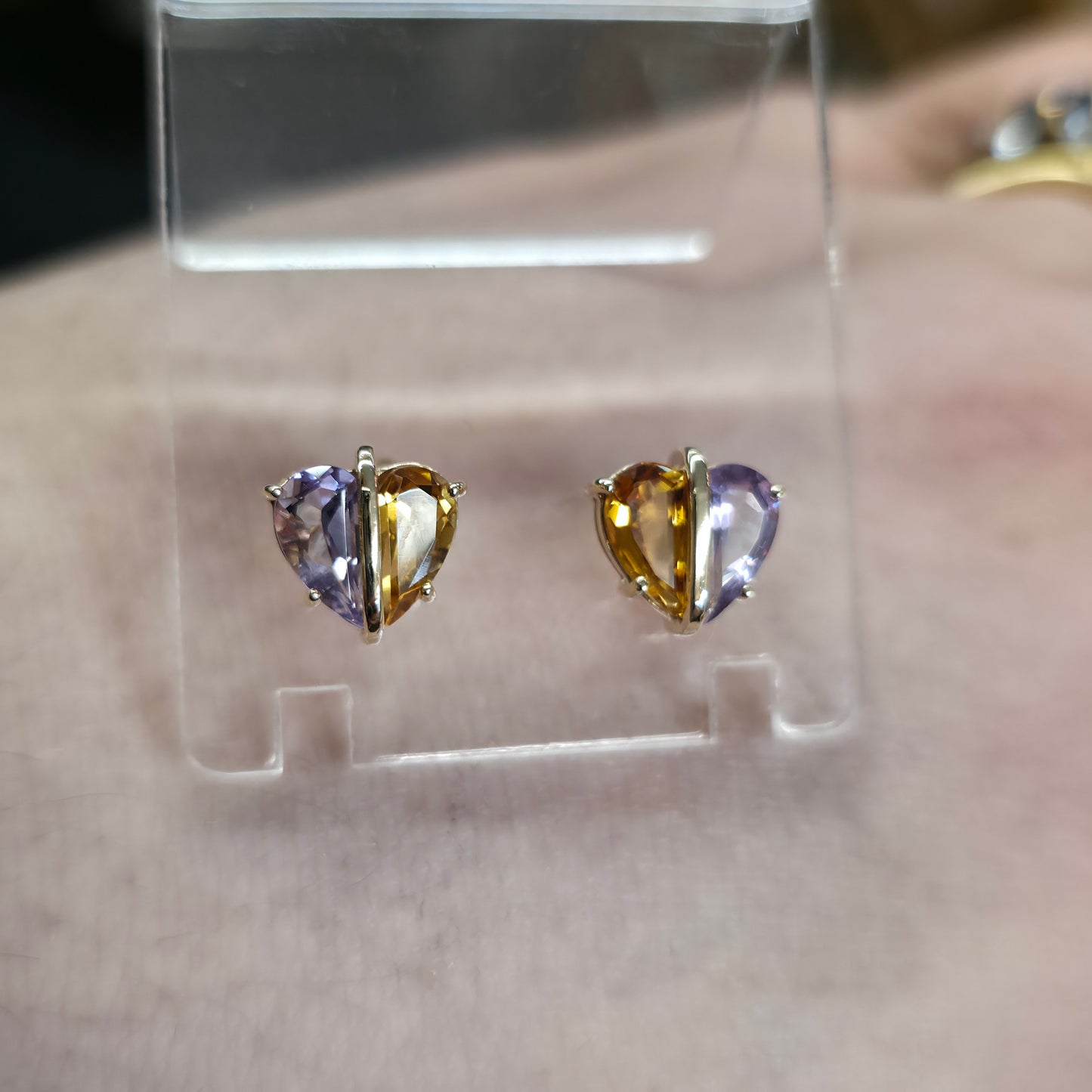 9ct Yellow Gold Multi-Gem Heart Shaped Amethyst And Citrine Stud Earrings