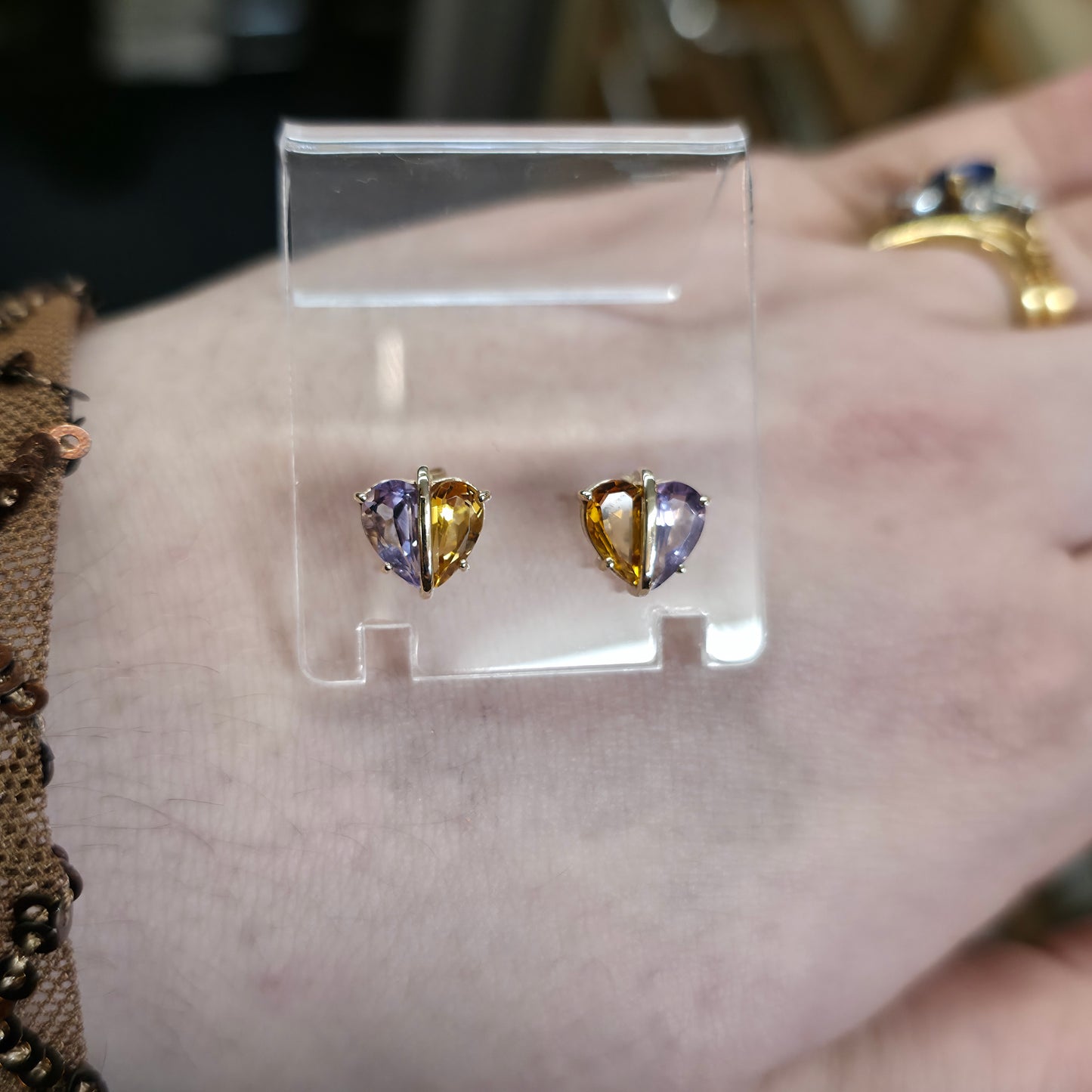 9ct Yellow Gold Multi-Gem Heart Shaped Amethyst And Citrine Stud Earrings