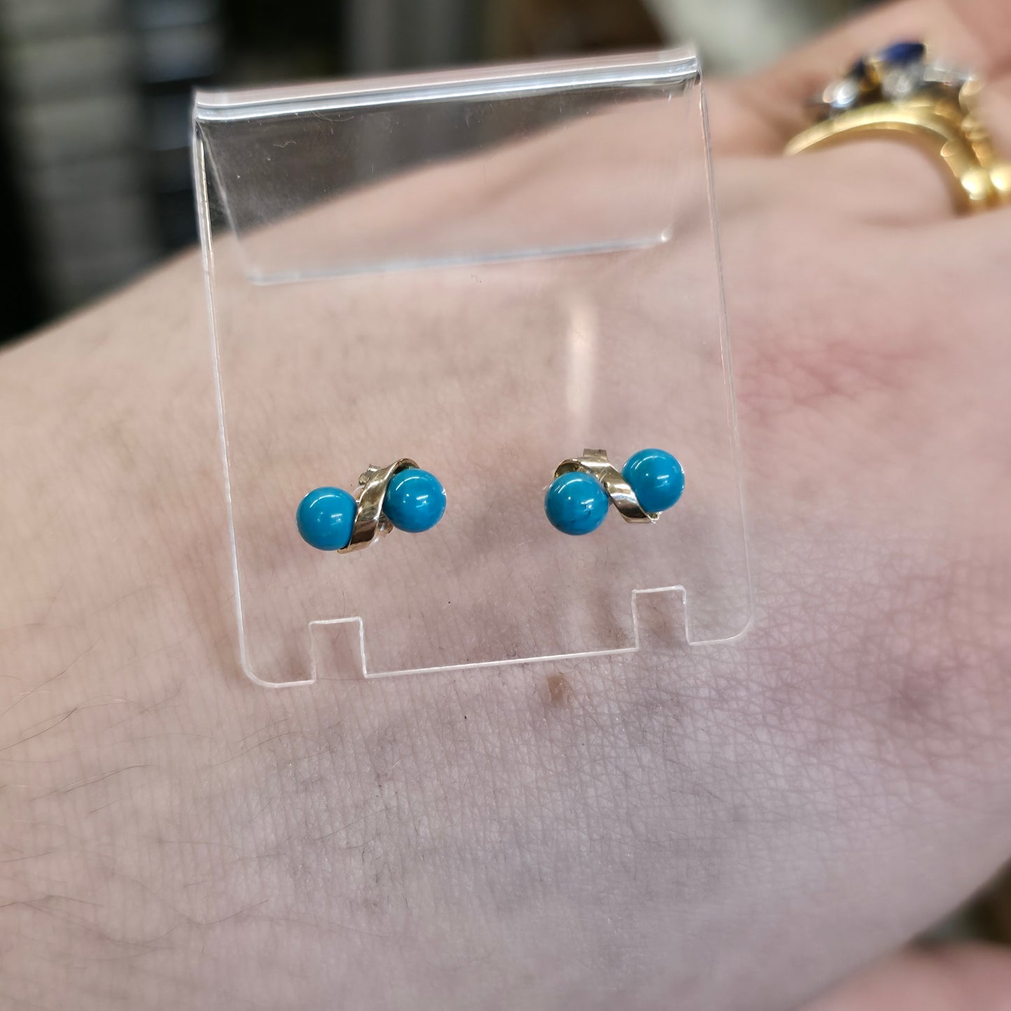 9ct Yellow Gold Turquoise Double Bead Spiral Stud Earrings