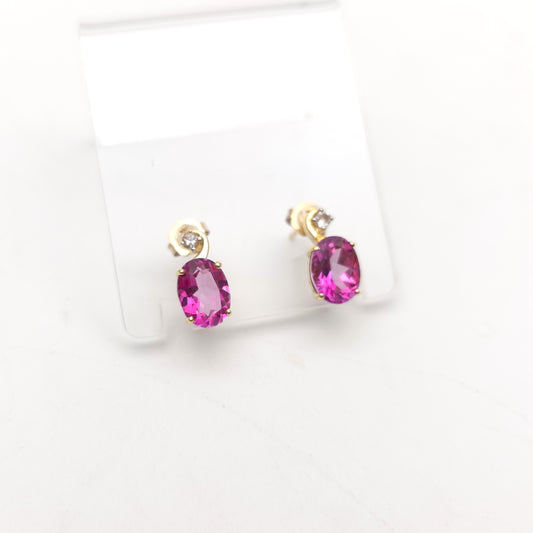 9ct Yellow Gold Oval Cut Pink Topaz And Round White Topaz Stud Earrings