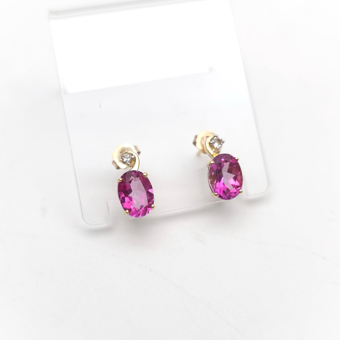 9ct Yellow Gold Oval Cut Pink Topaz And Round White Topaz Stud Earrings