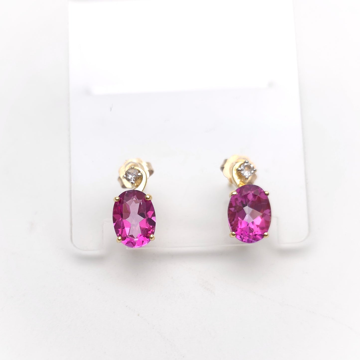 9ct Yellow Gold Oval Cut Pink Topaz And Round White Topaz Stud Earrings