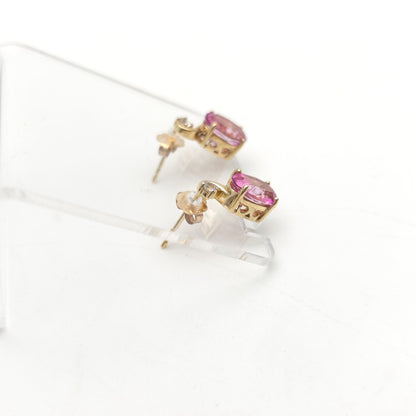 9ct Yellow Gold Oval Cut Pink Topaz And Round White Topaz Stud Earrings