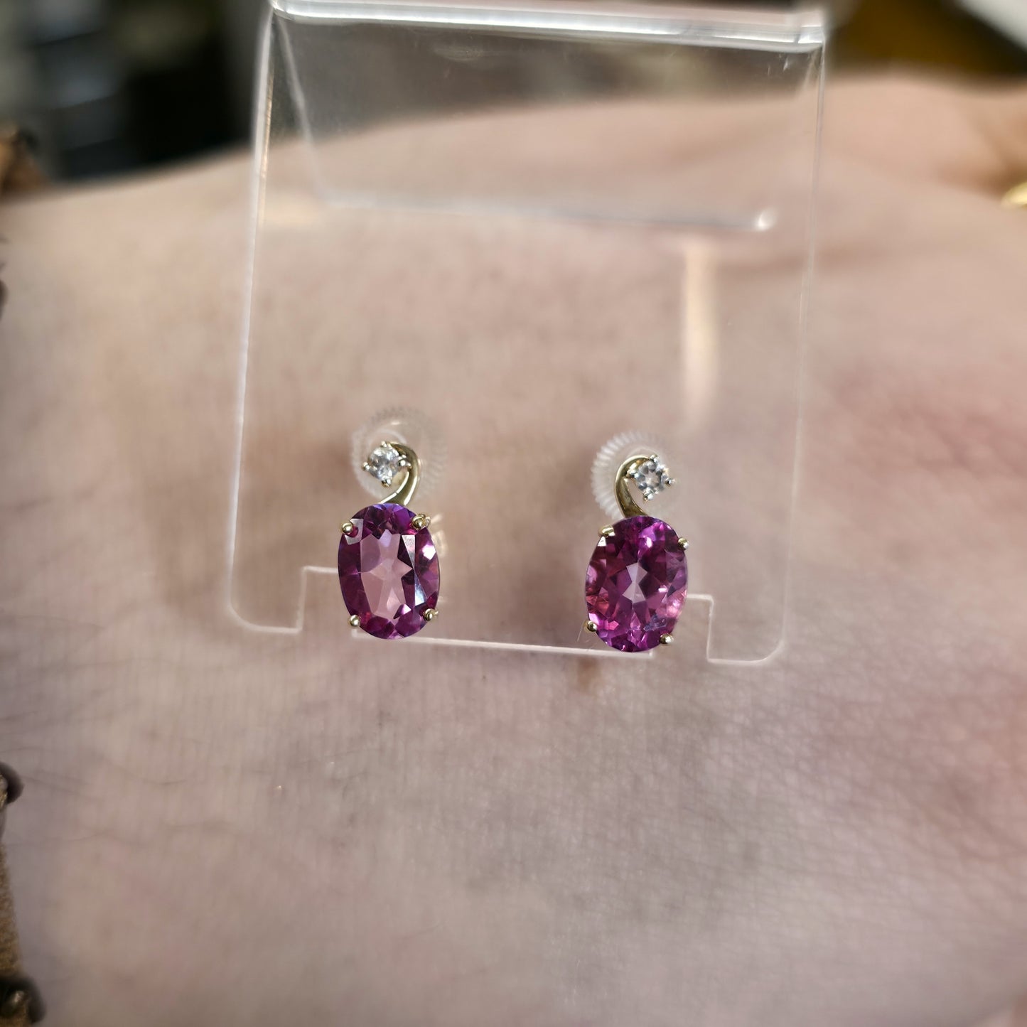 9ct Yellow Gold Oval Cut Pink Topaz And Round White Topaz Stud Earrings