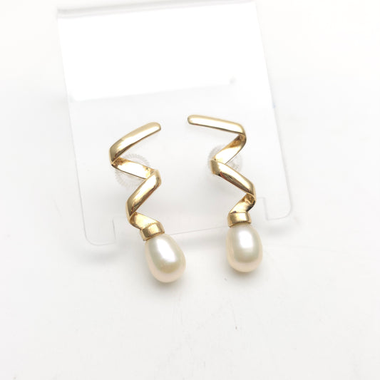 9ct Yellow Gold White Pearl Zigzag Wavy / Wiggle Drop Stud Earrings