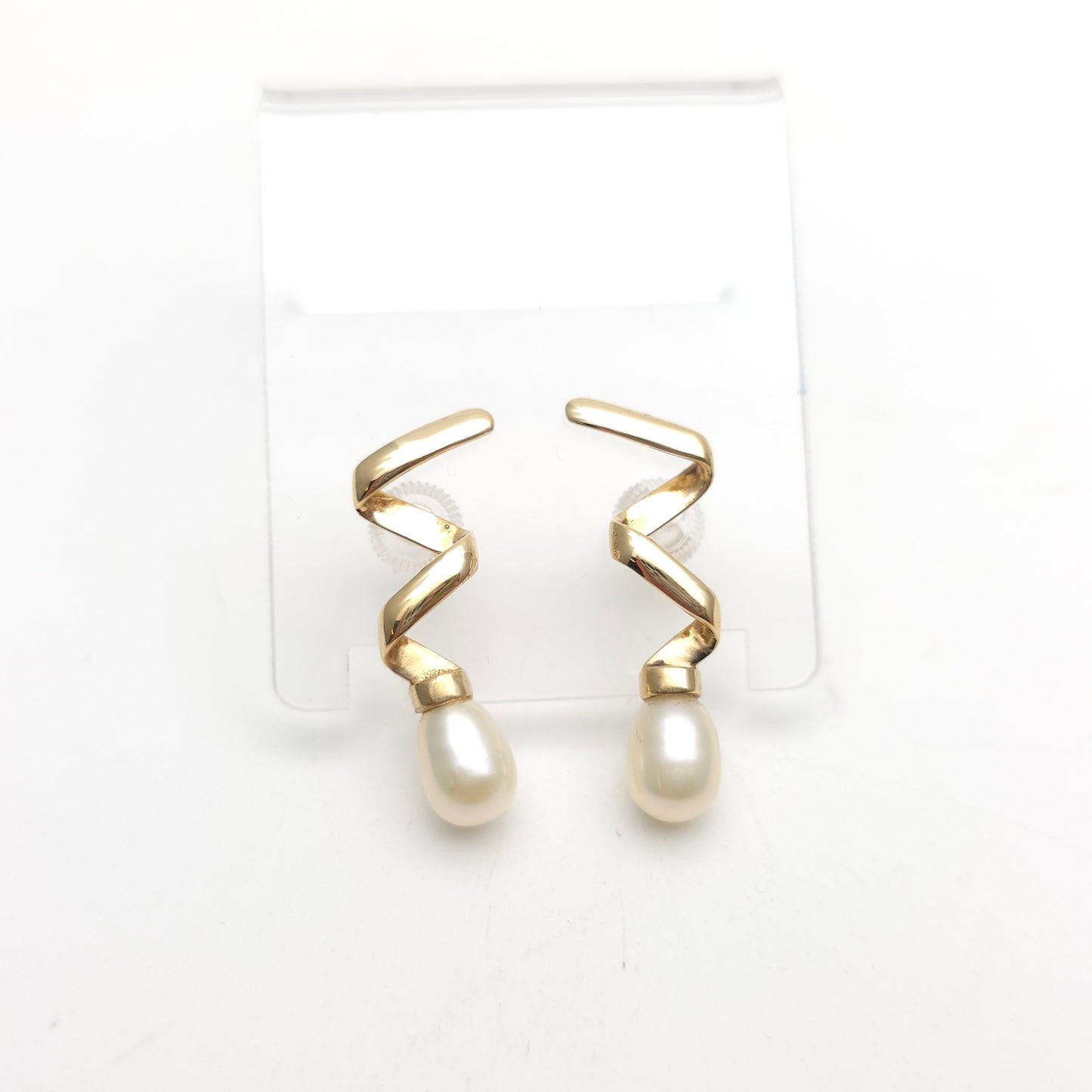 9ct Yellow Gold White Pearl Zigzag Wavy / Wiggle Drop Stud Earrings