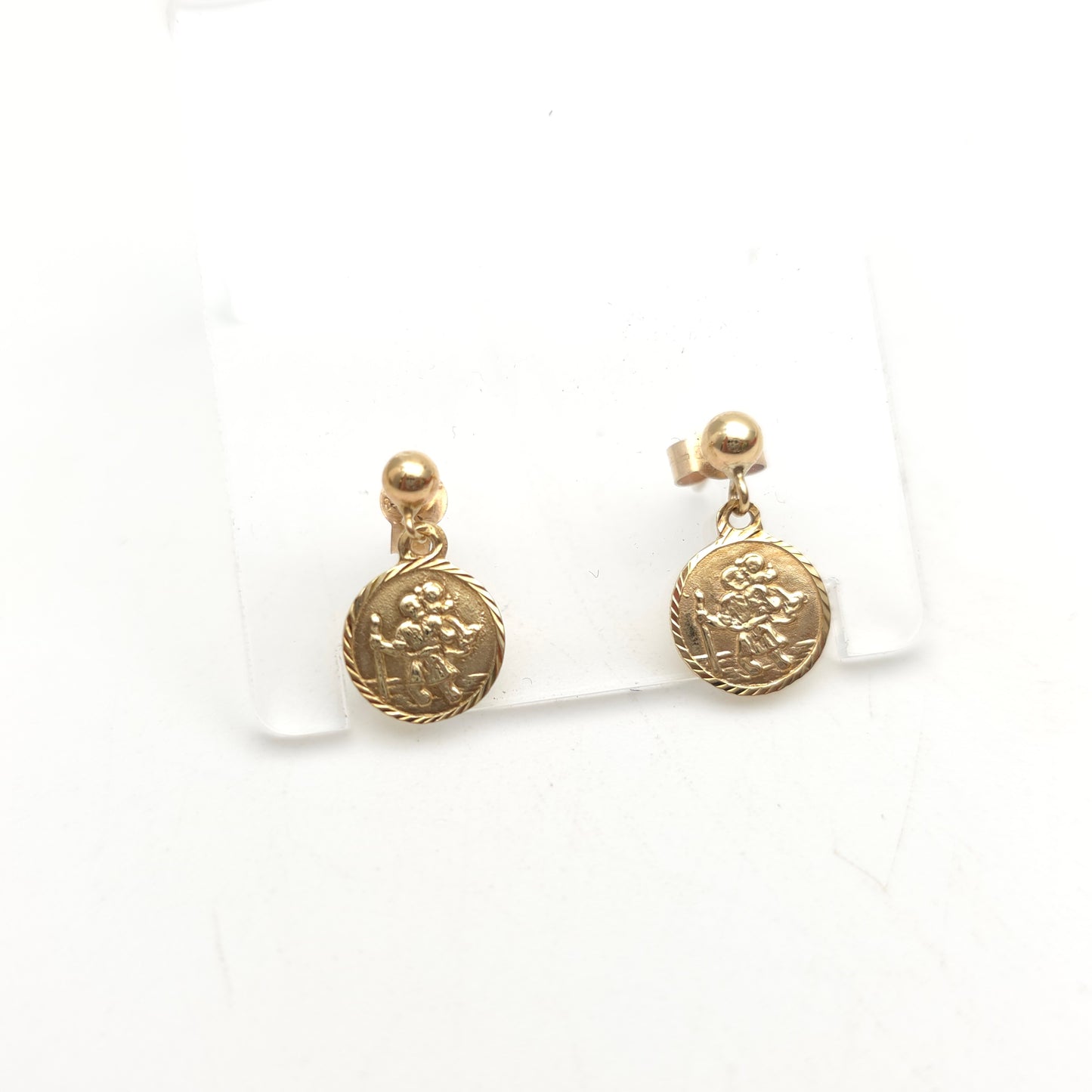 9ct Yellow Gold Small St. Christopher Dangle / Drop Stud Earrings